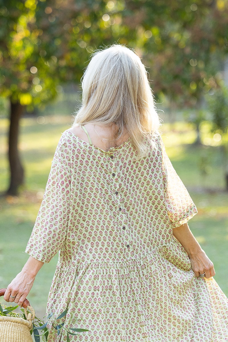 Womens, midi, Clementine Dress, 100% Cotton, hand block print. Soft lime with dainty pink flowers - Camille - Heirloom Collection