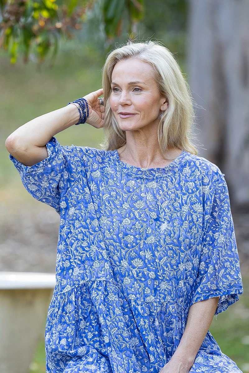 Womens, midi, Clementine dress, 100% Cotton, hand block print. Blue Floral - Aurelia - Heirloom Collection