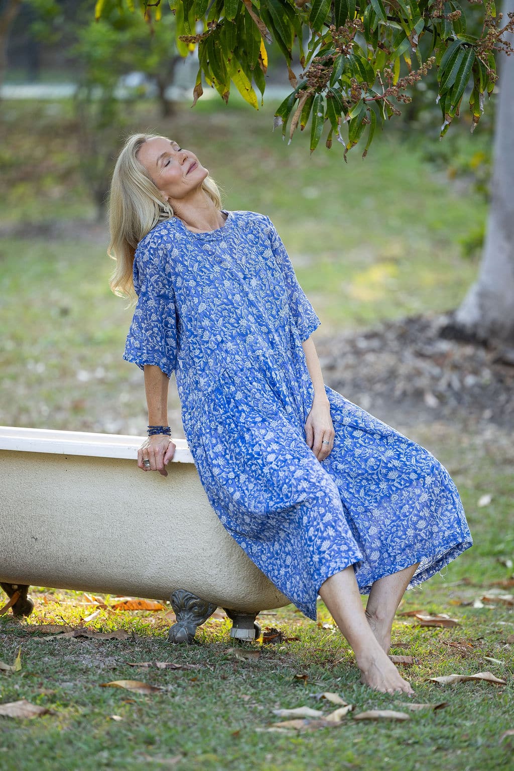 Womens, midi, Clementine dress, 100% Cotton, hand block print. Blue Floral - Aurelia - Heirloom Collection