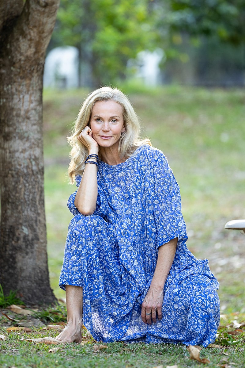 Womens, midi, Clementine dress, 100% Cotton, hand block print. Blue Floral - Aurelia - Heirloom Collection