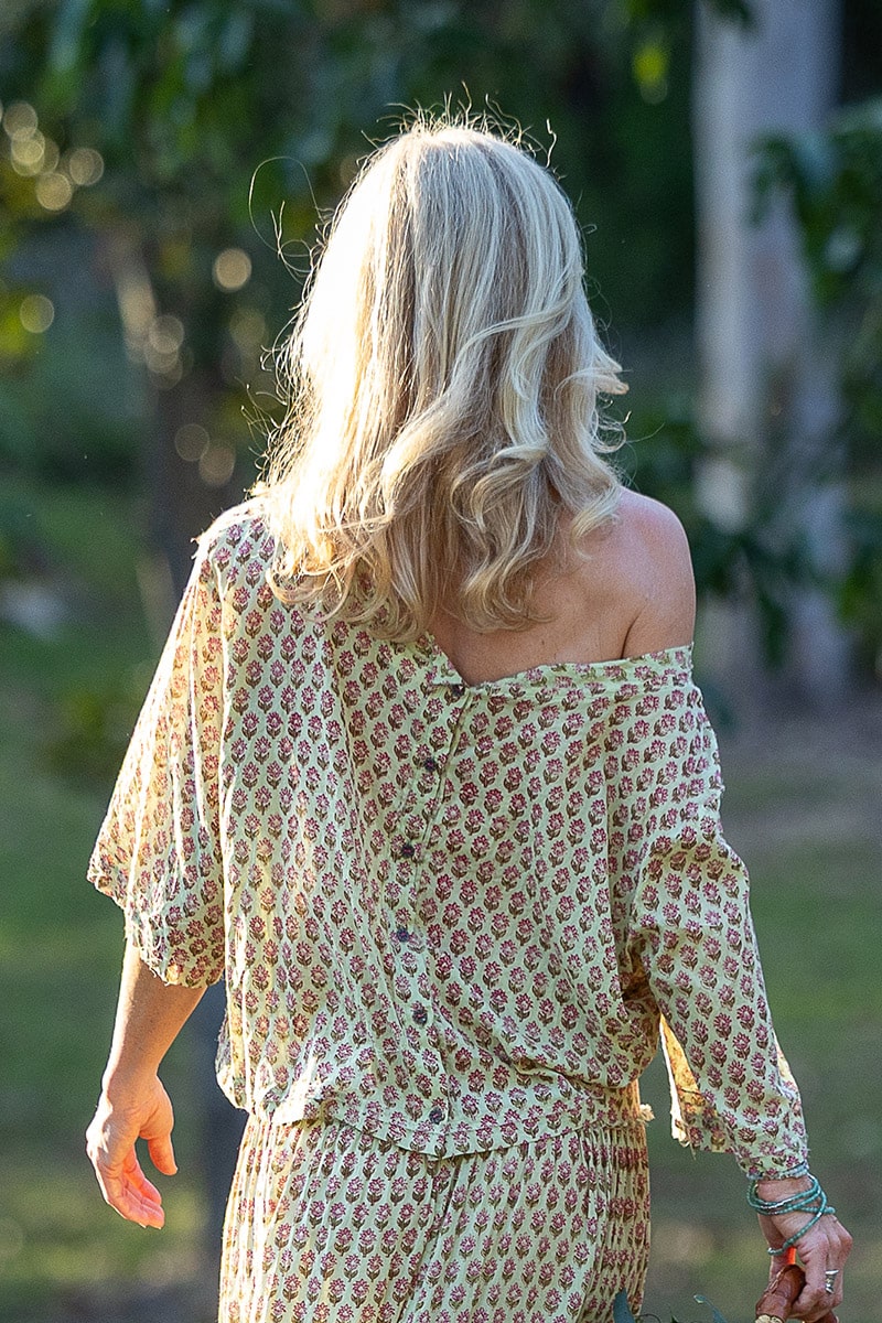 Womens, Matilde Blouse. 100% cotton, hand block print. Soft lime with dainty pink flowers - Camille - Heirloom Collection