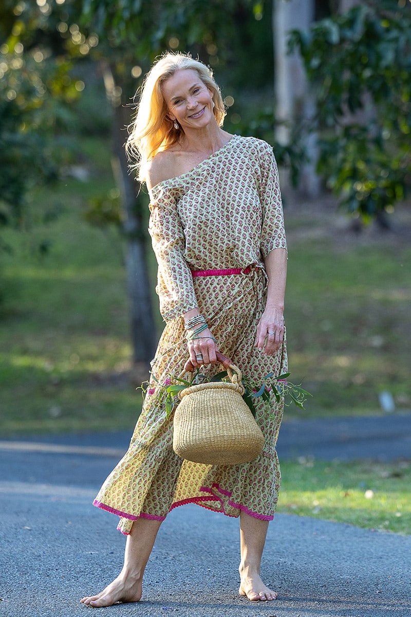 Womens, Ainsley Skirt & Matilde Blouse. 100% cotton, hand block print. Soft lime with dainty pink flowers - Camille - Heirloom Collection