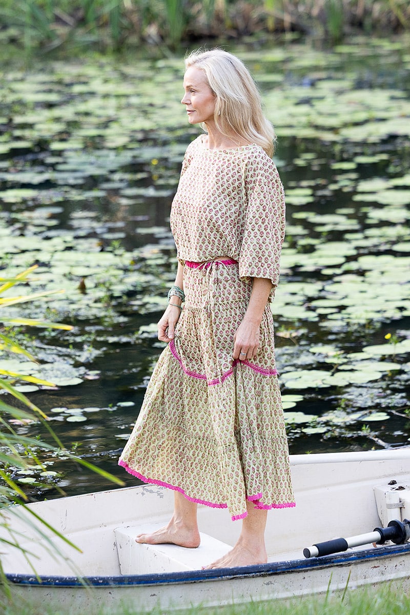 Womens, Ainsley Skirt & Matilde Blouse. 100% cotton, hand block print. Soft lime with dainty pink flowers - Camille - Heirloom Collection