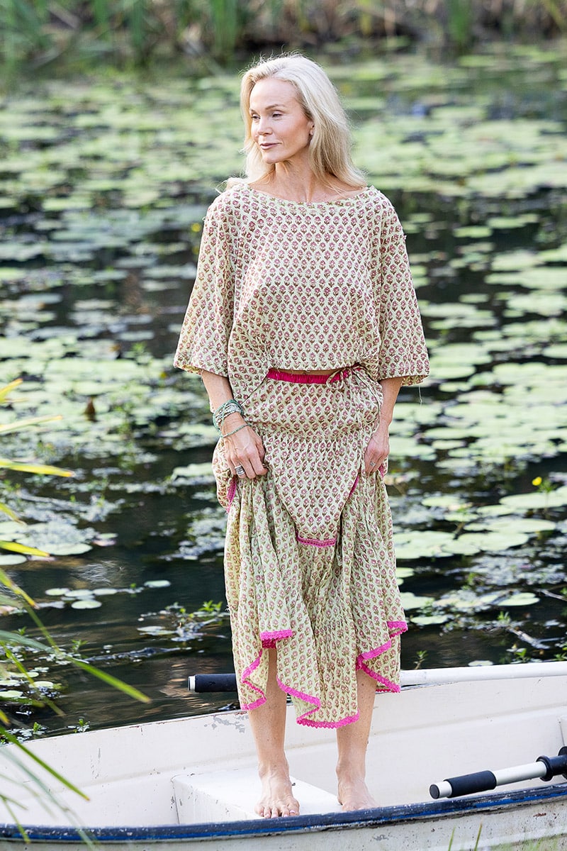 Womens, Ainsley Skirt & Matilde Blouse. 100% cotton, hand block print. Soft lime with dainty pink flowers - Camille - Heirloom Collection