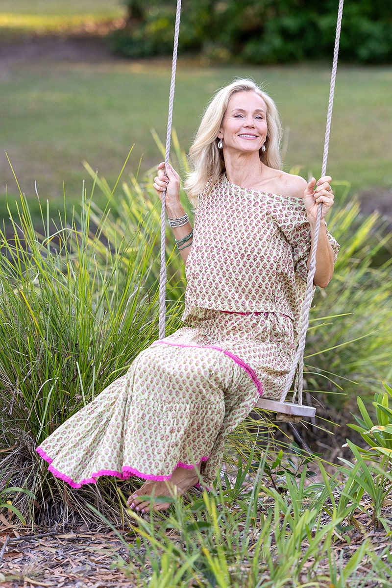 Womens, Ainsley Skirt & Matilde Blouse. 100% cotton, hand block print. Soft lime with dainty pink flowers - Camille - Heirloom Collection