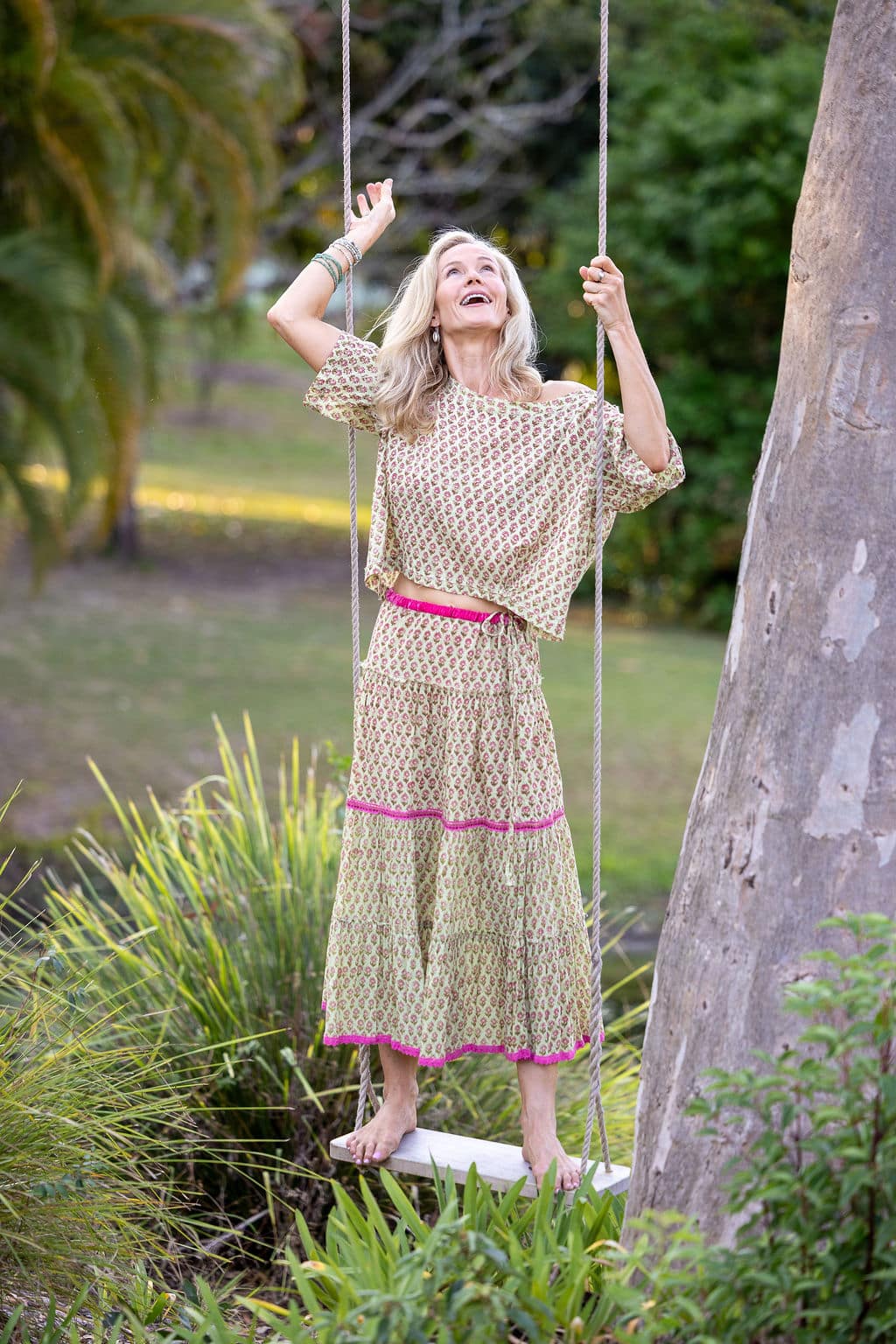 Womens, Ainsley Skirt & Matilde Blouse. 100% cotton, hand block print. Soft lime with dainty pink flowers - Camille - Heirloom Collection