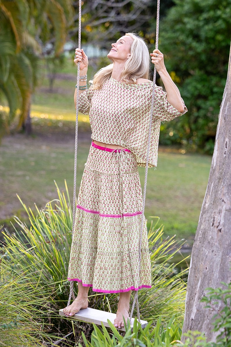 Womens, Ainsley Skirt & Matilde Blouse. 100% cotton, hand block print. Soft lime with dainty pink flowers - Camille - Heirloom Collection