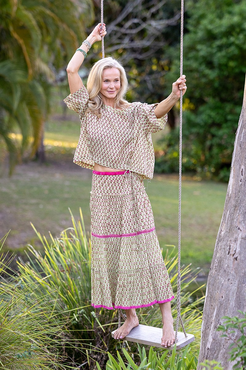 Womens, Ainsley Skirt & Matilde Blouse. 100% cotton, hand block print. Soft lime with dainty pink flowers - Camille - Heirloom Collection