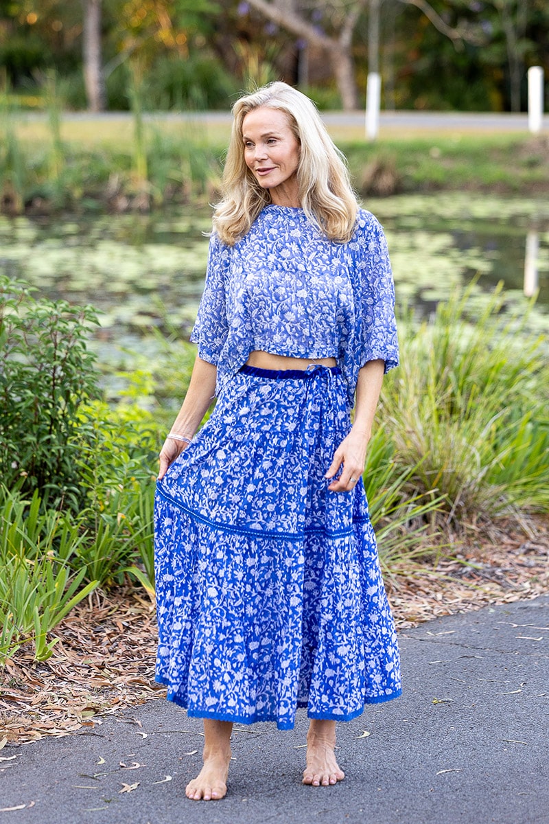 Womens, Ainsley Skirt & Matilde Blouse. 100% cotton, hand block print. Blue Floral - Aurelia - Heirloom Collection