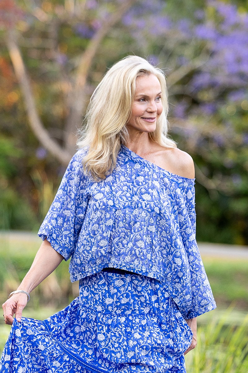 Womens, Ainsley Skirt & Matilde Blouse. 100% cotton, hand block print. Blue Floral - Aurelia - Heirloom Collection