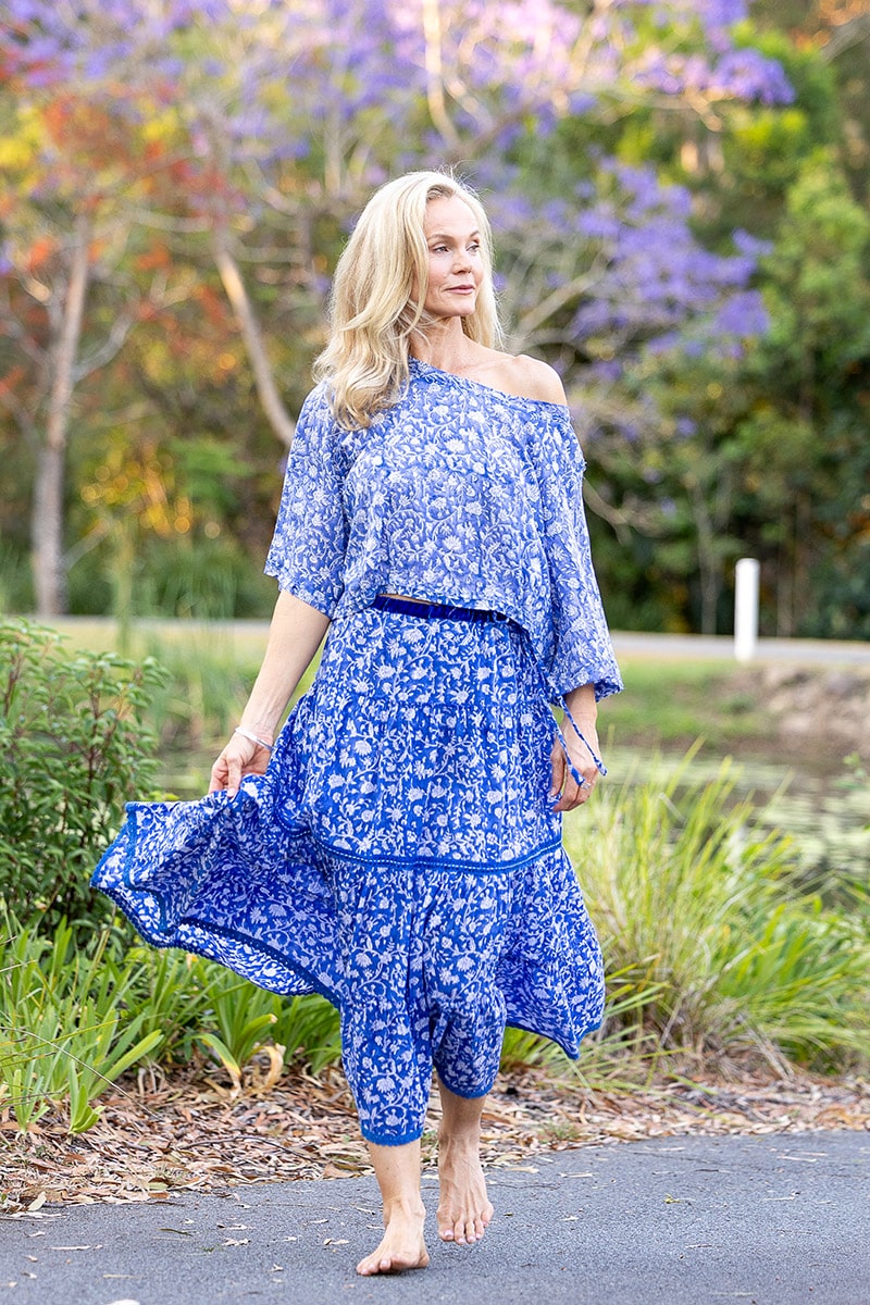 Womens, Ainsley Skirt & Matilde Blouse. 100% cotton, hand block print. Blue Floral - Aurelia - Heirloom Collection