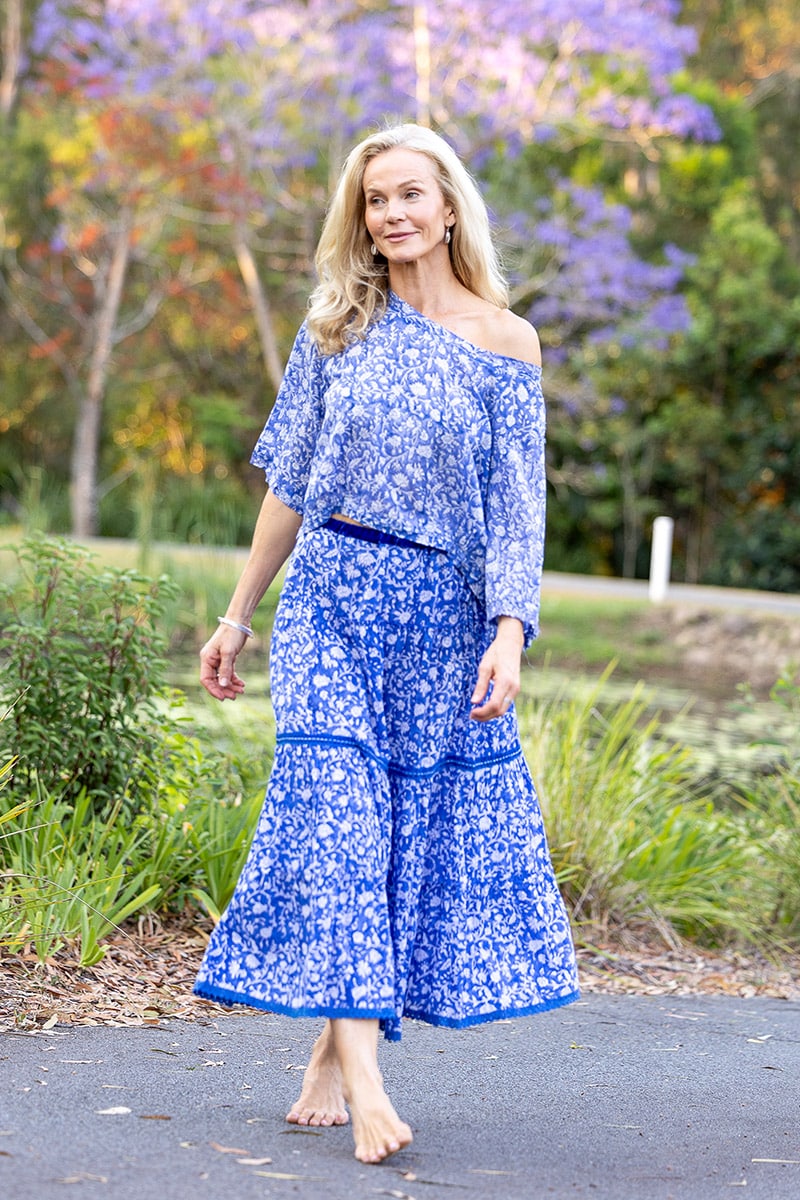 Womens, Ainsley Skirt & Matilde Blouse. 100% cotton, hand block print. Blue Floral - Aurelia - Heirloom Collection
