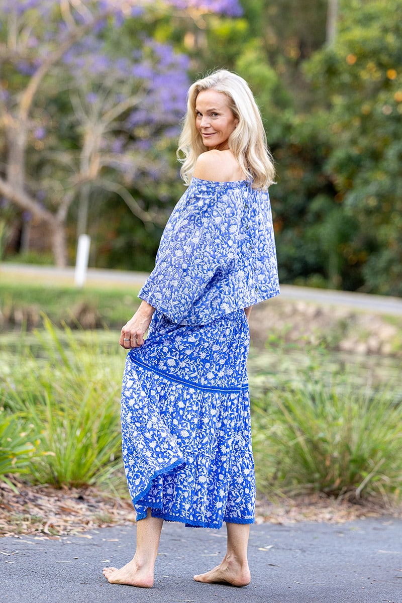 Womens, Ainsley Skirt & Matilde Blouse. 100% cotton, hand block print. Blue Floral - Aurelia - Heirloom Collection