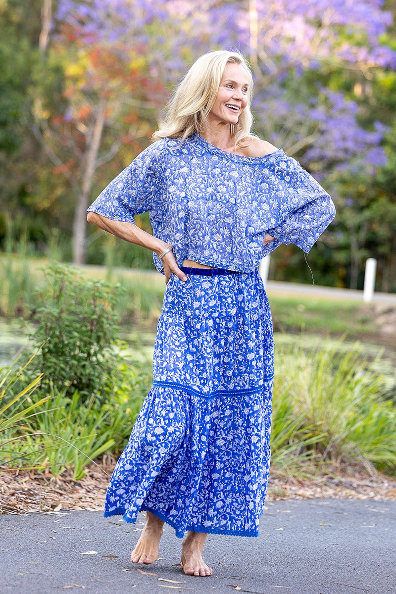 Womens, Ainsley Skirt & Matilde Blouse. 100% cotton, hand block print. Blue Floral - Aurelia - Heirloom Collection