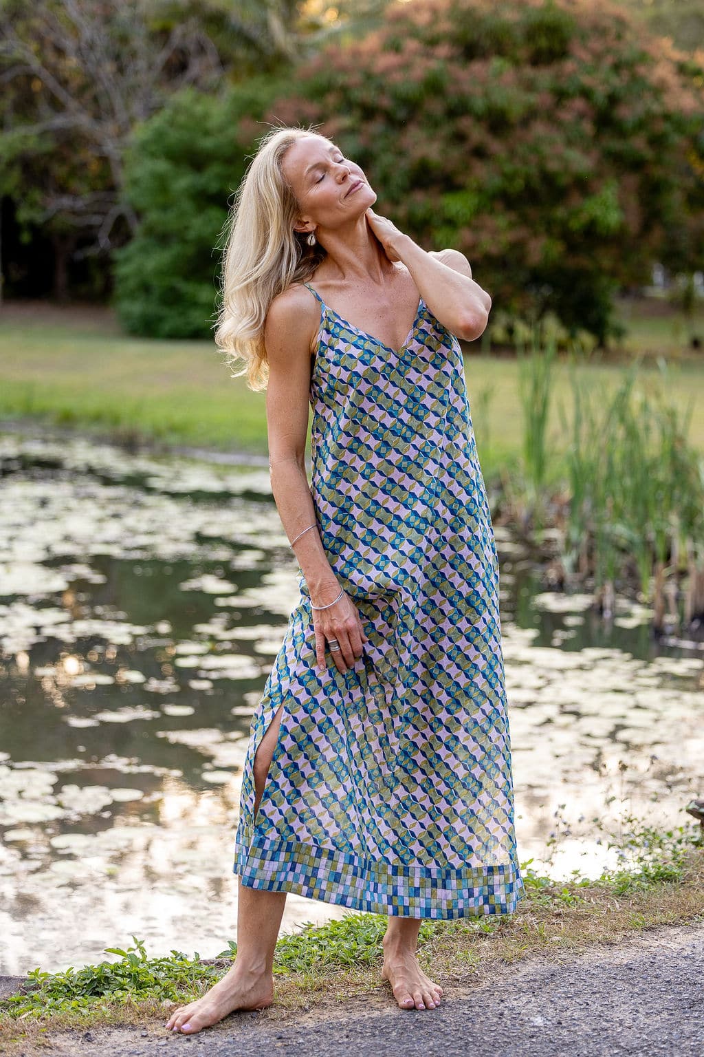 Womens, maxi, midi, Savannah Dress, streamline, adjustable straps, summer ready. 100% Cotton, hand block print. Soft geometry - Liora