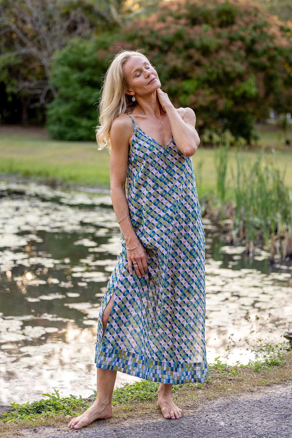 Womens, maxi, midi, Savannah Dress, streamline, adjustable straps, summer ready. 100% Cotton, hand block print. Soft geometry - Liora