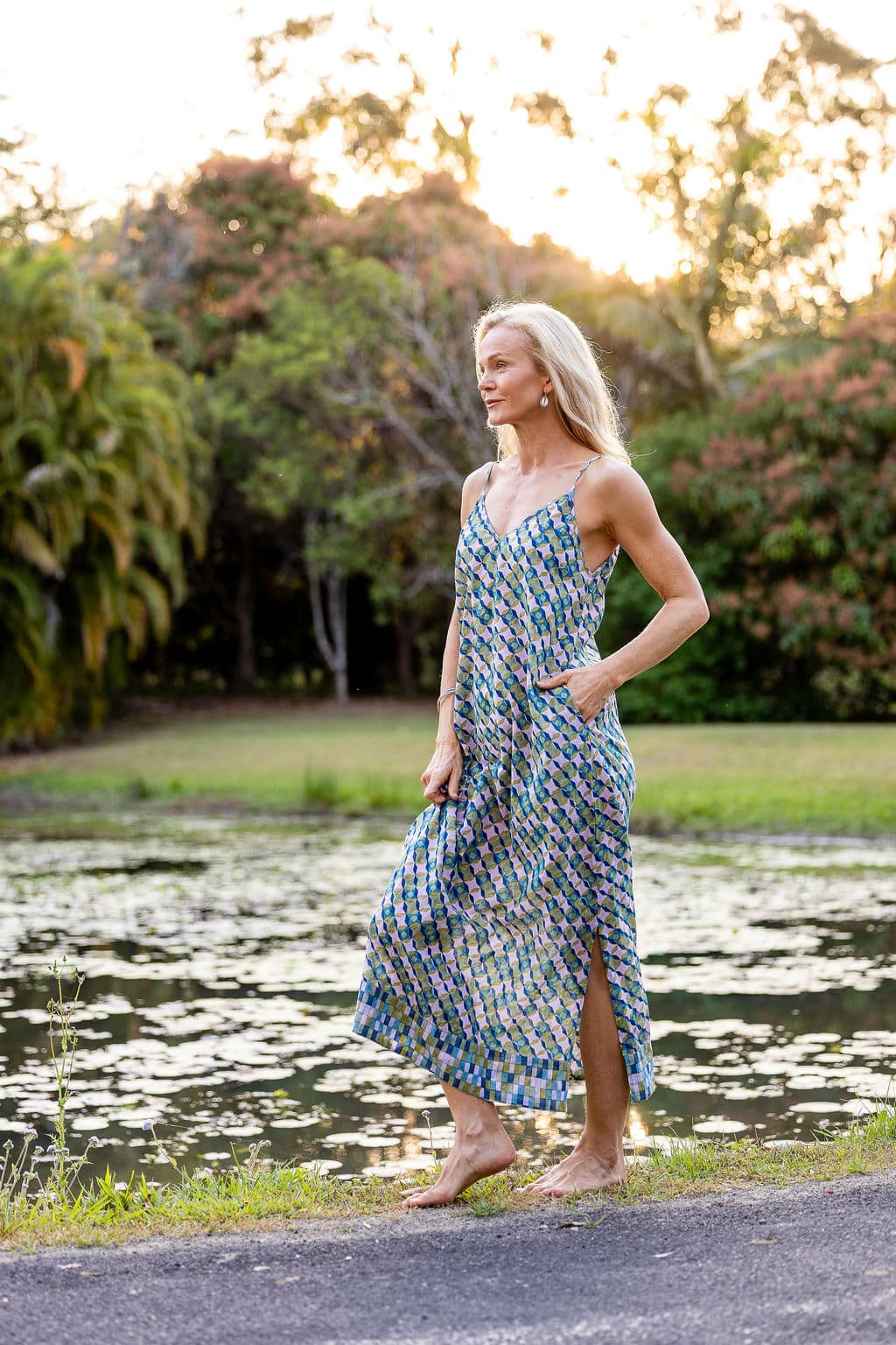 Womens, maxi, midi, Savannah Dress, streamline, adjustable straps, summer ready. 100% Cotton, hand block print. Soft geometry - Liora