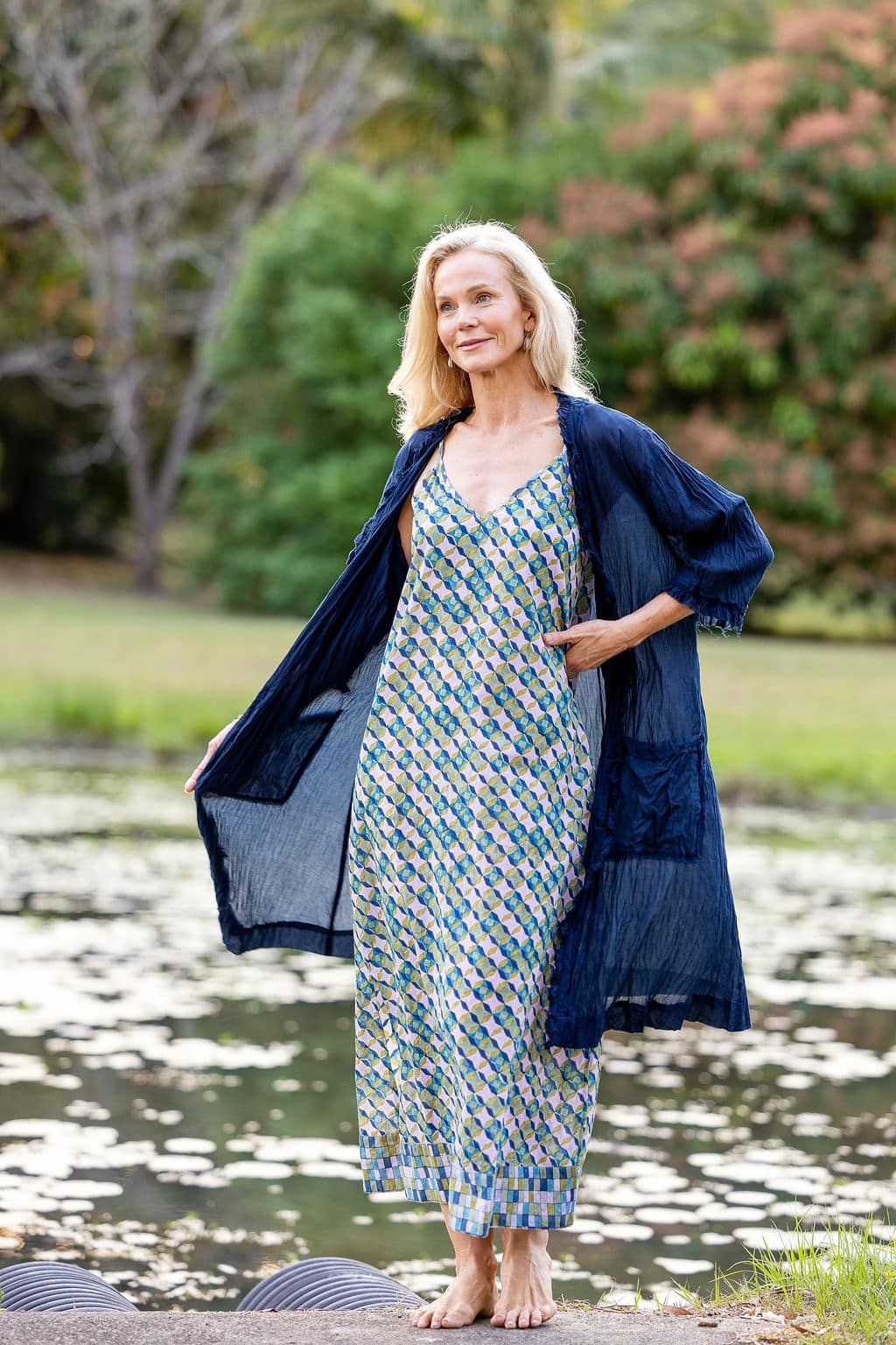 Womens, maxi, midi, Savannah Dress, streamline, adjustable straps, summer ready. 100% Cotton, hand block print. Soft geometry - Liora