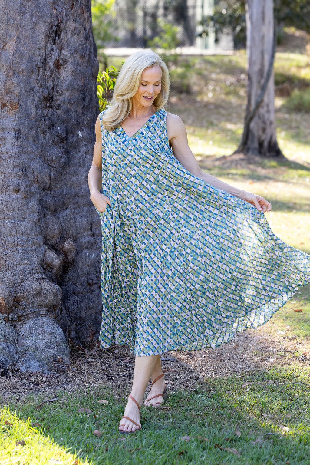 Womens, midi, Mevlana Dress, sleeveless, 100% Cotton, hand block print. Soft geometry - Liora