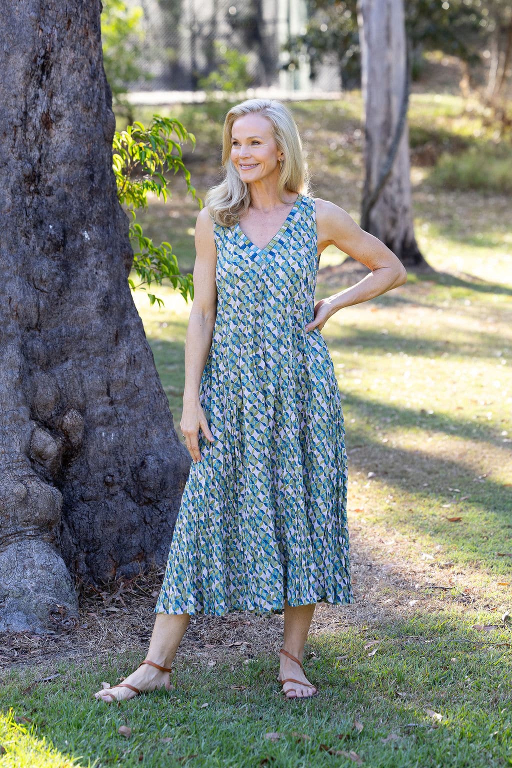 Womens, midi, Mevlana Dress, sleeveless, 100% Cotton, hand block print. Soft geometry - Liora