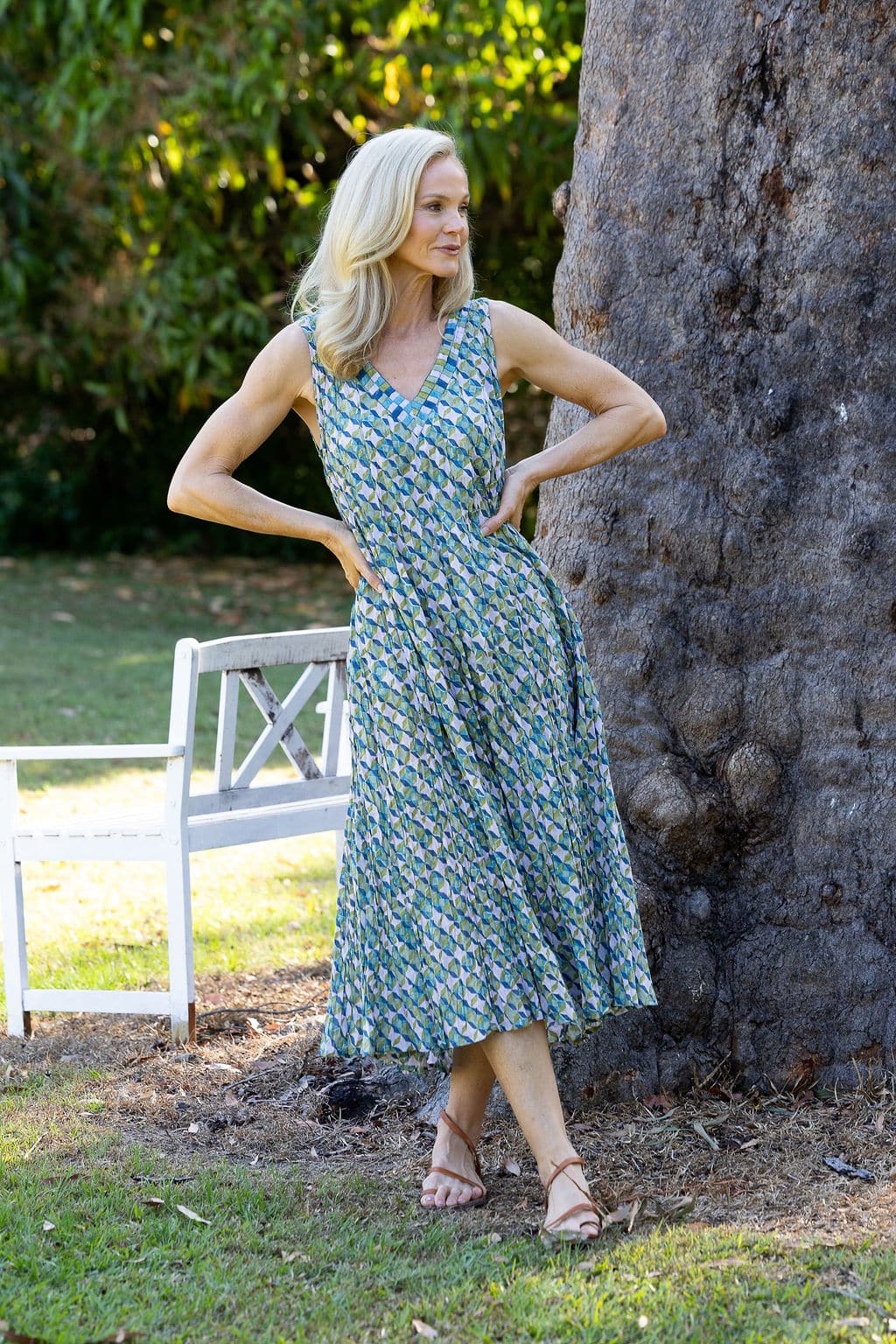 Womens, midi, Mevlana Dress, sleeveless, 100% Cotton, hand block print. Soft geometry - Liora