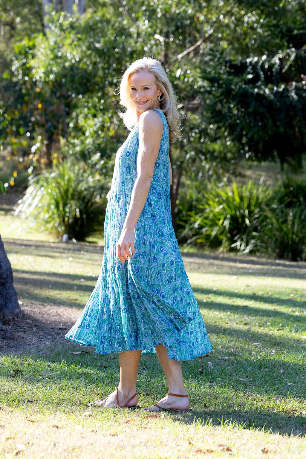 Womens, midi, Mevlana Dress, sleeveless, 100% Cotton, hand block print. Soft Oceanic Blue - Amara