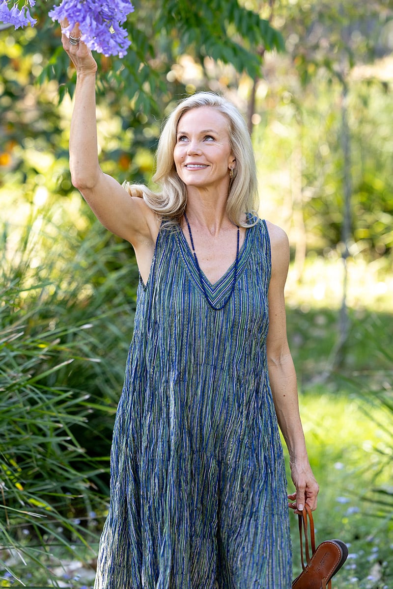 Womens, midi, Mevlana Dress, sleeveless, 100% Cotton, hand block print. Blue | Green - Viridis