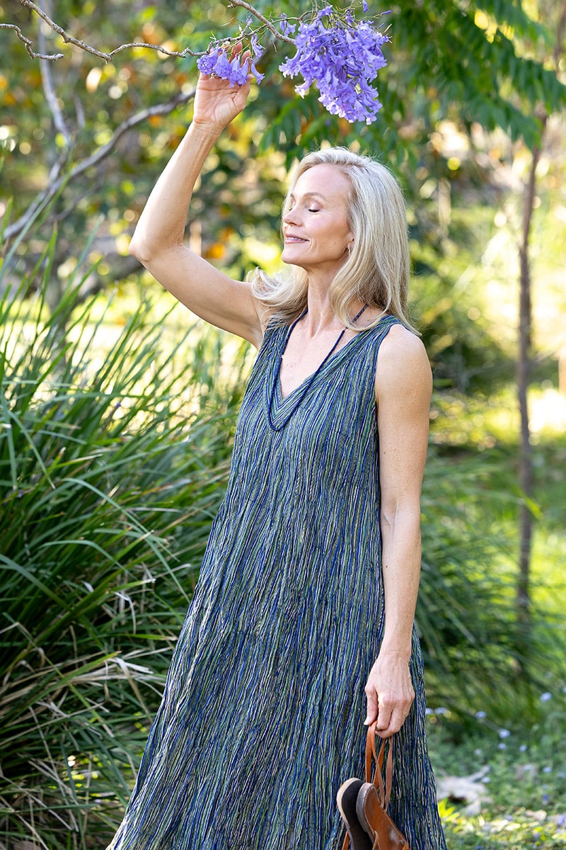 Womens, midi, Mevlana Dress, sleeveless, 100% Cotton, hand block print. Blue | Green - Viridis