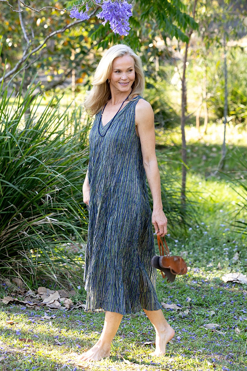 Womens, midi, Mevlana Dress, sleeveless, 100% Cotton, hand block print. Blue | Green - Viridis
