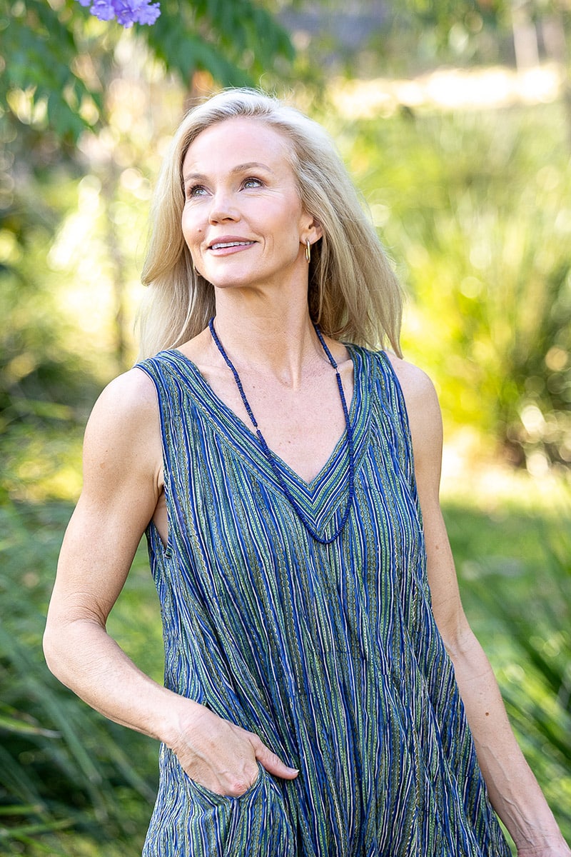 Womens, midi, Mevlana Dress, sleeveless, 100% Cotton, hand block print. Blue | Green - Viridis
