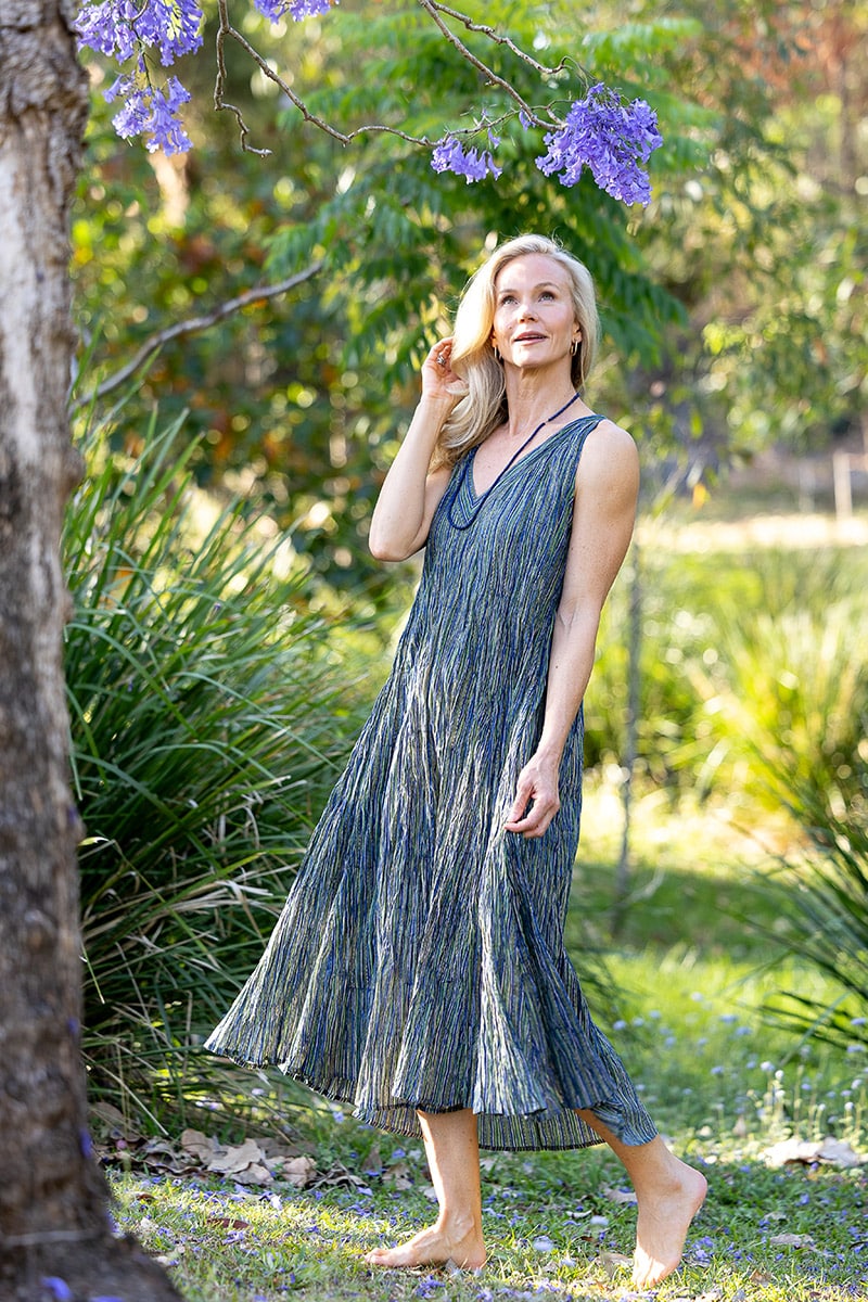 Womens, midi, Mevlana Dress, sleeveless, 100% Cotton, hand block print. Blue | Green - Viridis