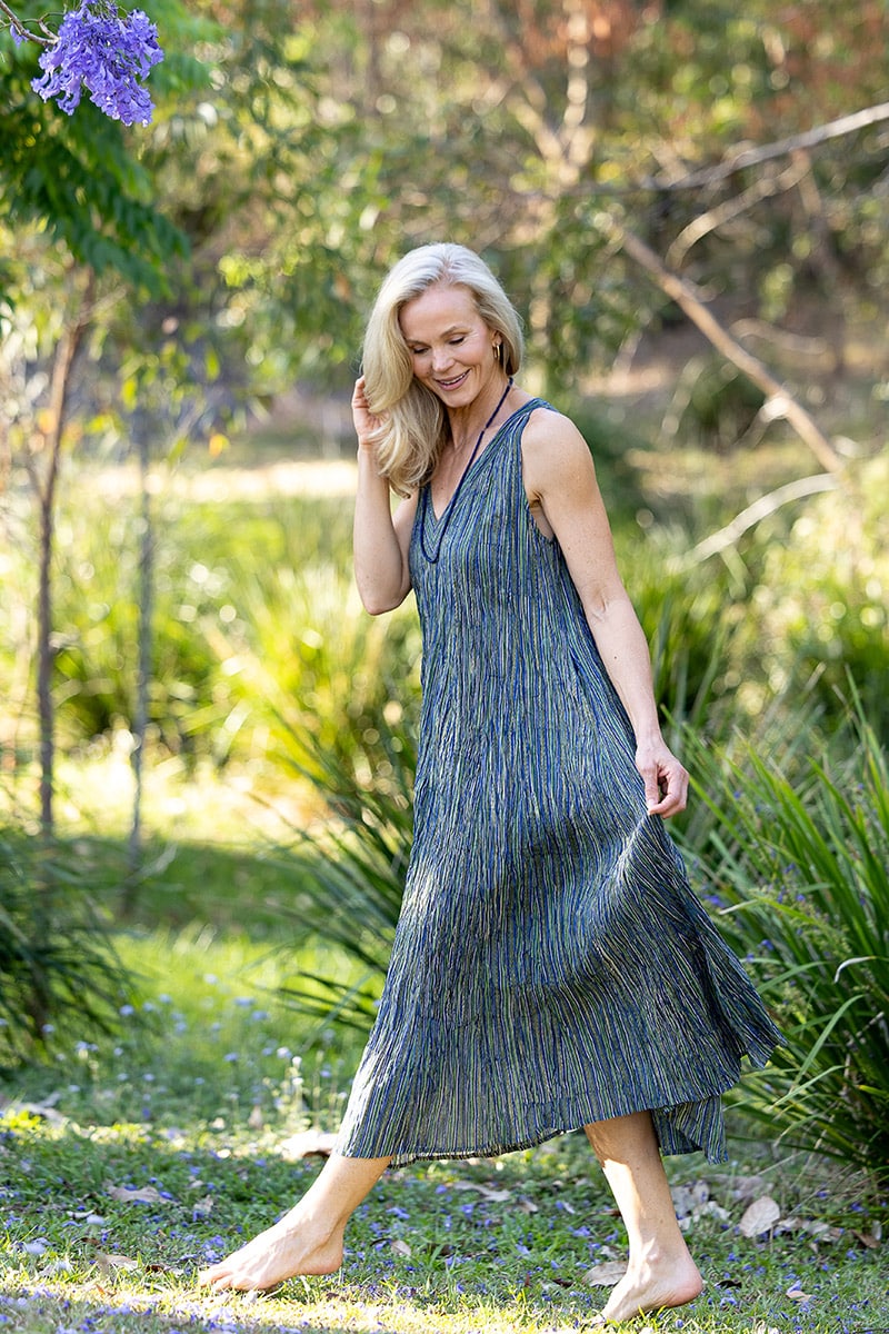 Womens, midi, Mevlana Dress, sleeveless, 100% Cotton, hand block print. Blue | Green - Viridis