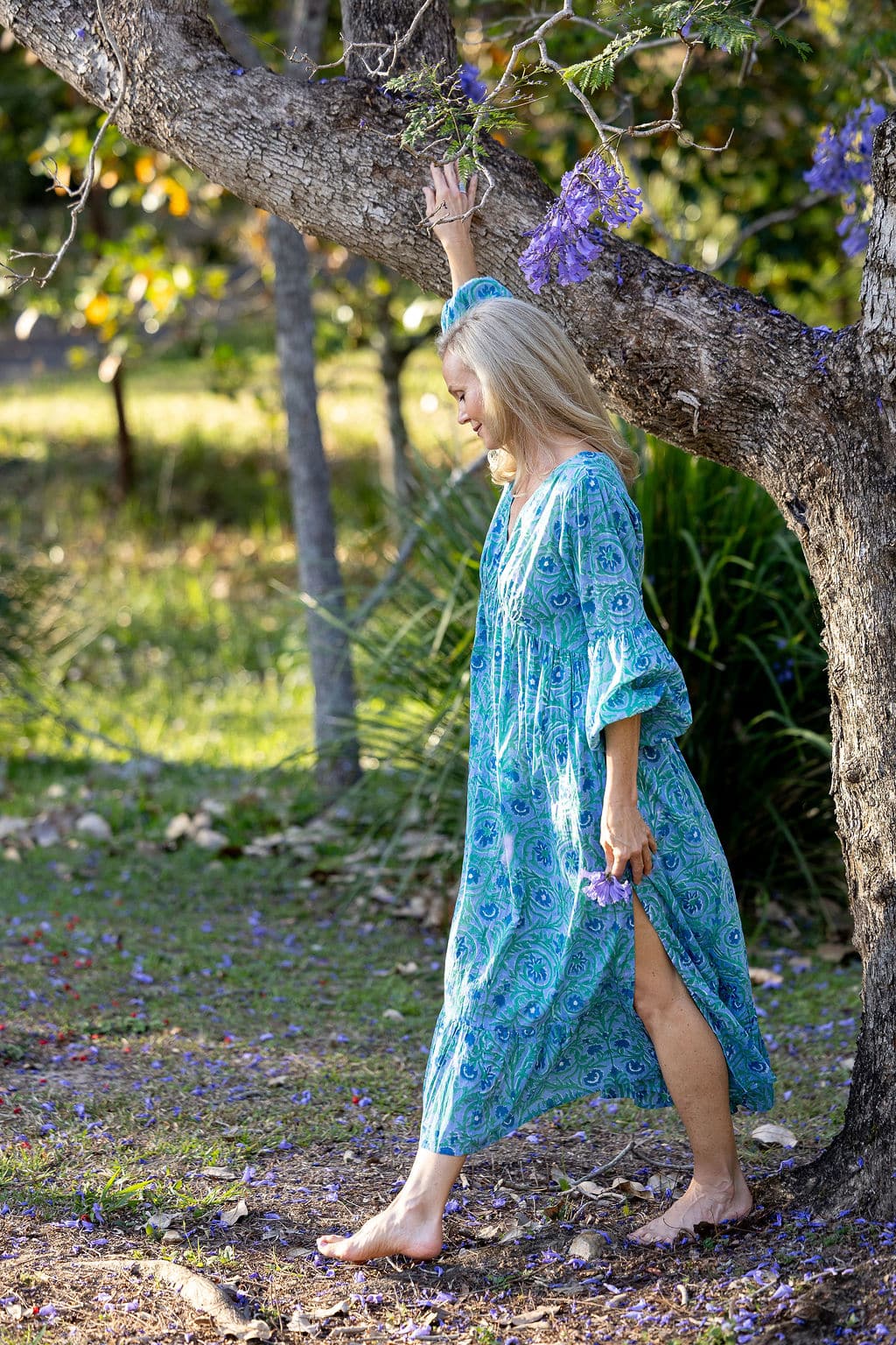 Womens, midi | maxi, Rowena Dress, with sleeves, 100% Cotton, hand block print. Soft Oceanic Blue - Amara
