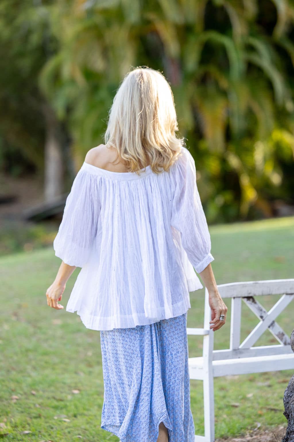 Womens, Dove blouse, 7/8 blouson sleeve, 100% cotton. Pure, Serene - White