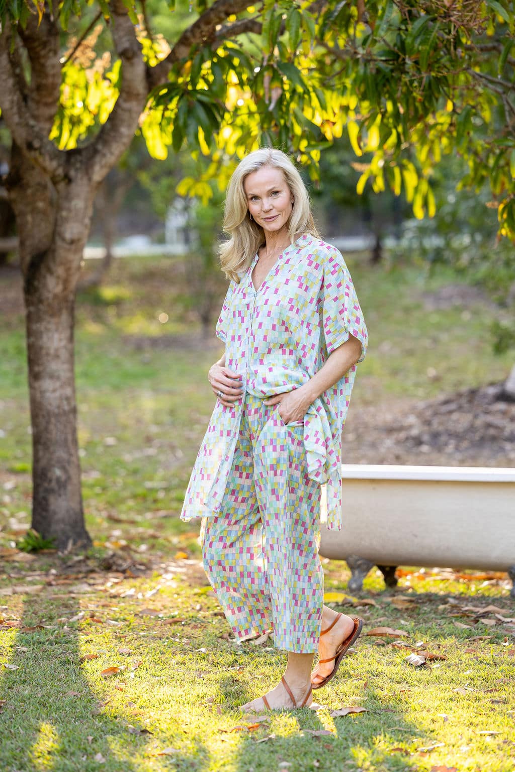 Womens, Element Collage, Pants & long blouse. 100% cotton, hand block print. In cool soft Sorbetto print.