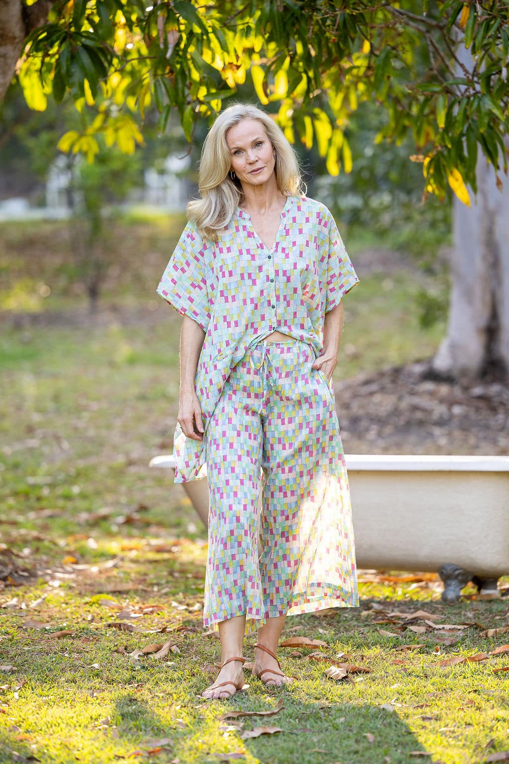 Womens, Element Collage, Pants & long blouse. 100% cotton, hand block print. In cool soft Sorbetto print.