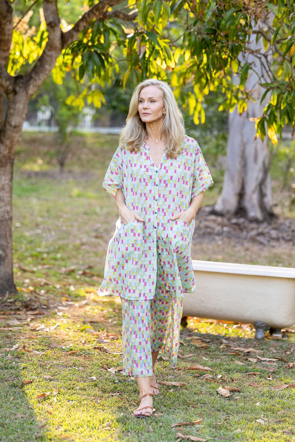 Womens, Element Collage, Pants & long blouse. 100% cotton, hand block print. In cool soft Sorbetto print.