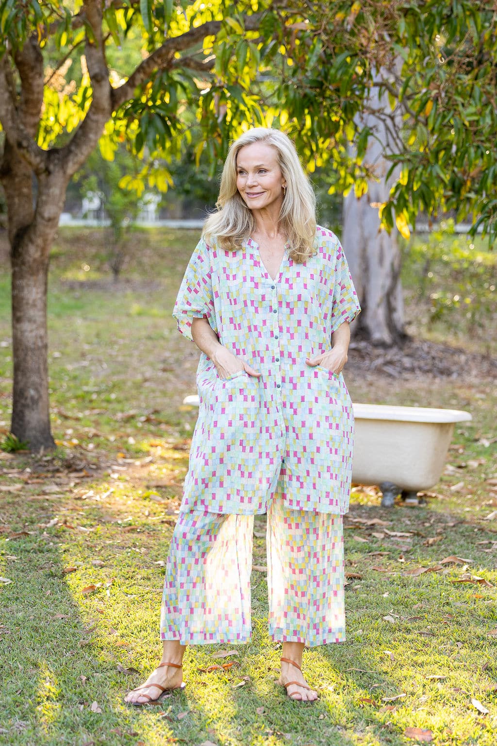 Womens, Element Collage, Pants & long blouse. 100% cotton, hand block print. In cool soft Sorbetto print.