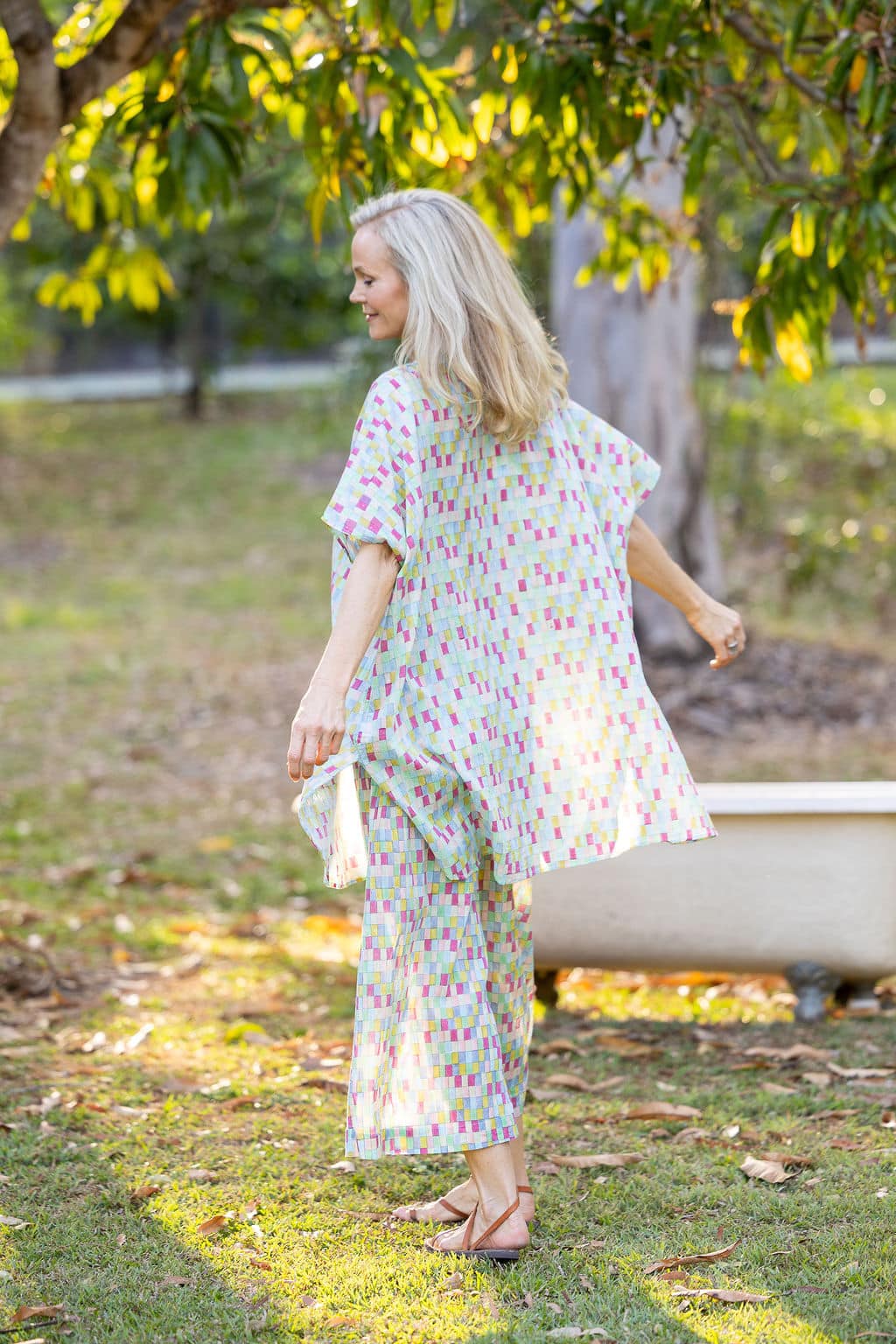 Womens, Element Collage, Pants & long blouse. 100% cotton, hand block print. In cool soft Sorbetto print.