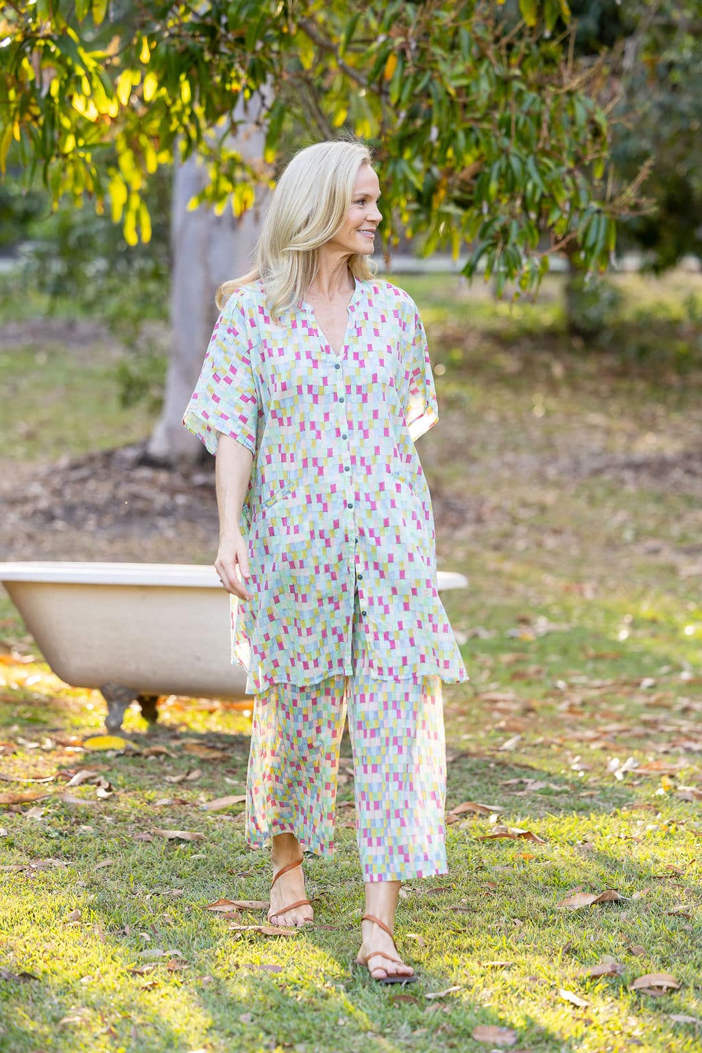 Womens, Element Collage, Pants & long blouse. 100% cotton, hand block print. In cool soft Sorbetto print.