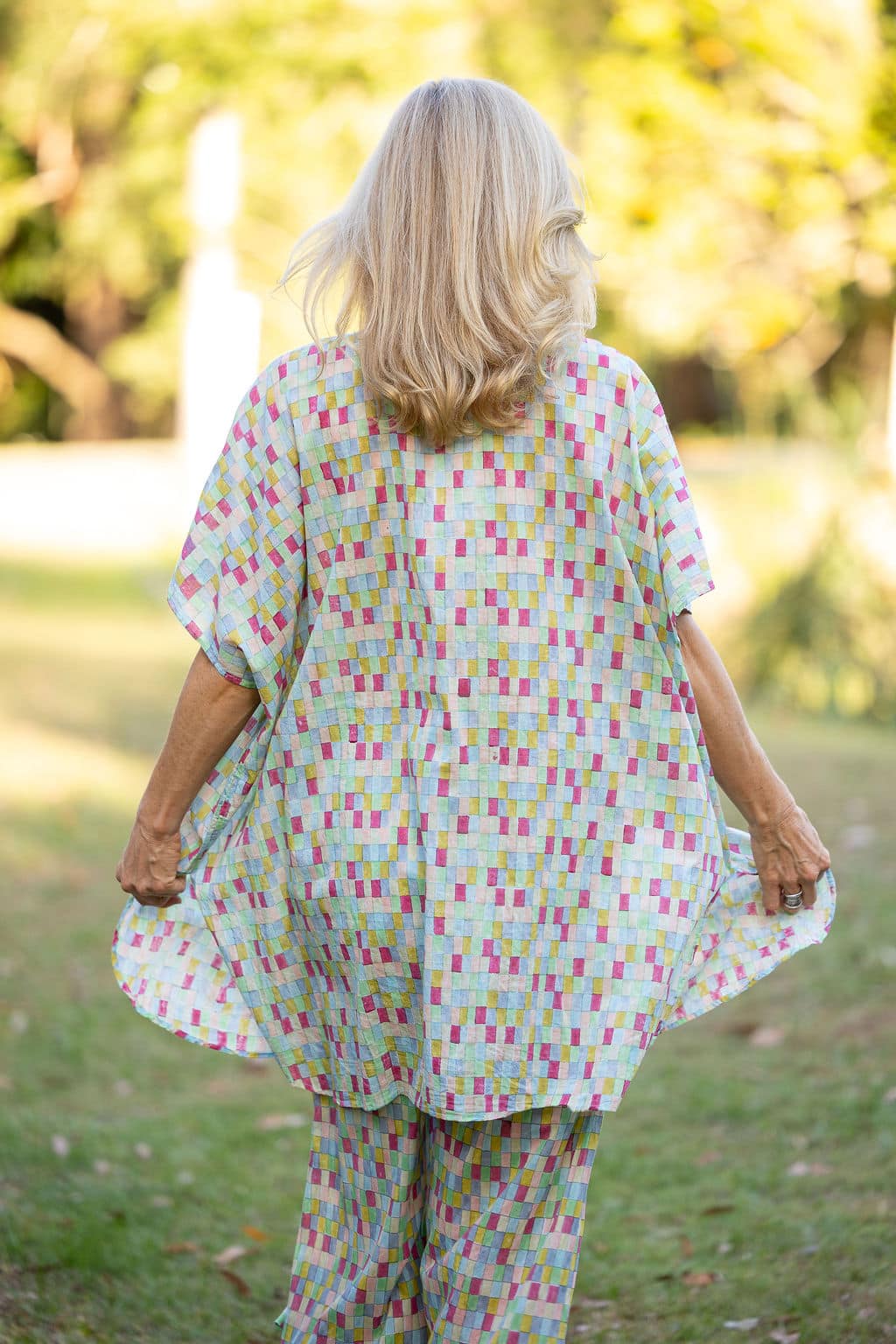 Womens, Element Collage, Pants & long blouse. 100% cotton, hand block print. In cool soft Sorbetto print.