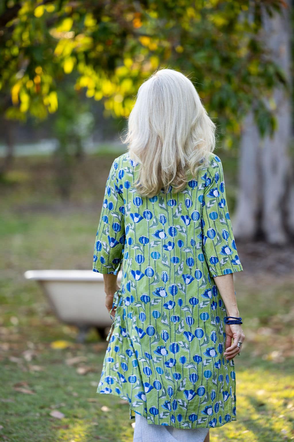 Womens, midi, Alakiki dress, sleeves, 100% Cotton, hand block print. In Summer Green - Verde.