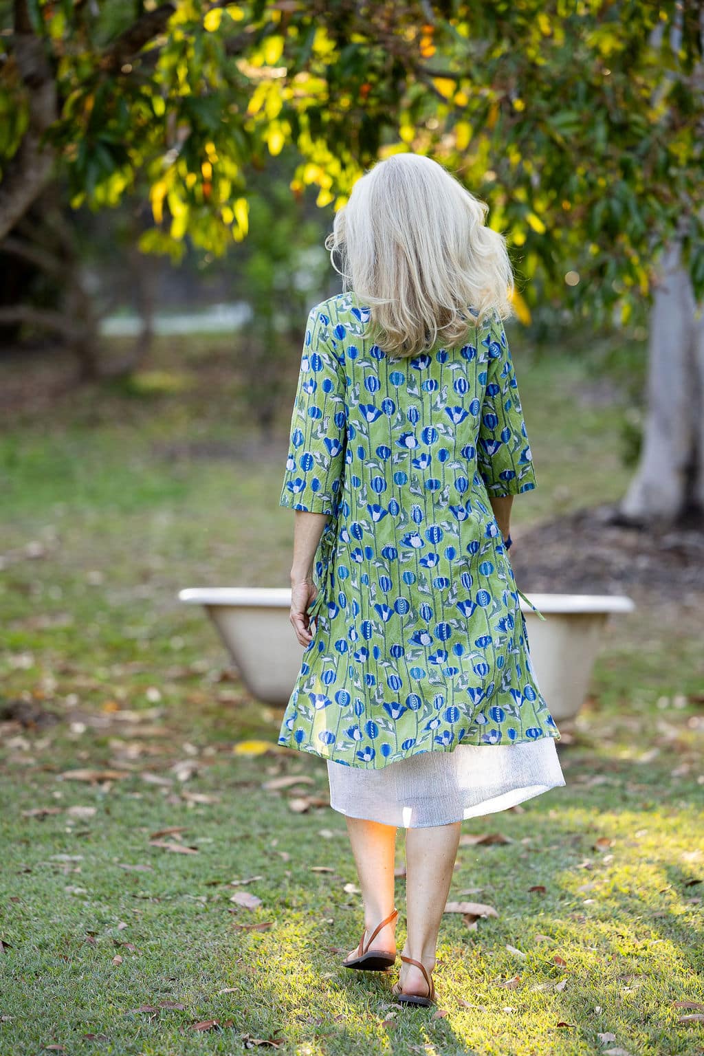 Womens, midi, Alakiki dress, sleeves, 100% Cotton, hand block print. In Summer Green - Verde.