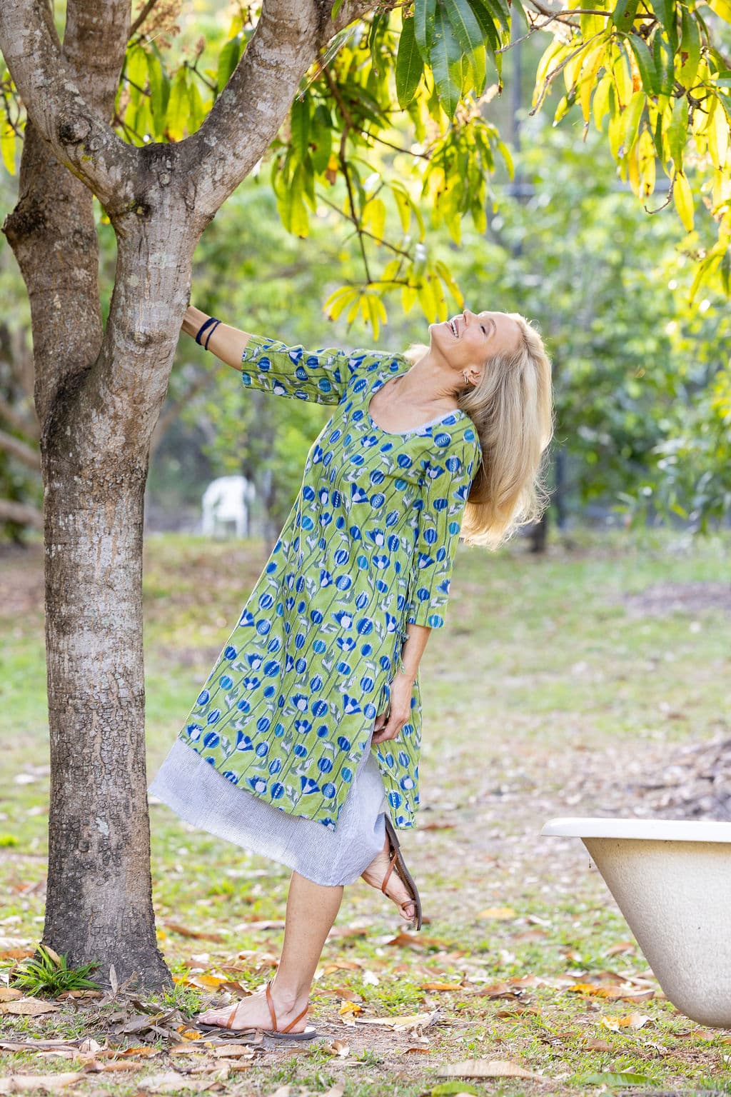 Womens, midi, Alakiki dress, sleeves, 100% Cotton, hand block print. In Summer Green - Verde.