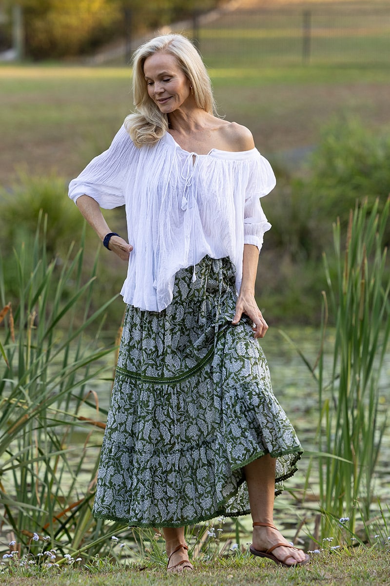 Womens, Ainsley Skirt. 100% cotton, hand block print. Green Floral - Elowen - Heirloom Collection. Dove Blouse - White