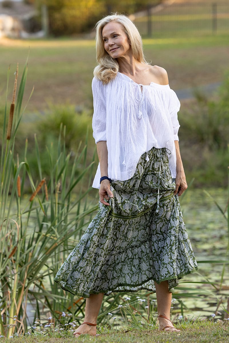 Womens, Ainsley Skirt. 100% cotton, hand block print. Green Floral - Elowen - Heirloom Collection. Dove Blouse - White