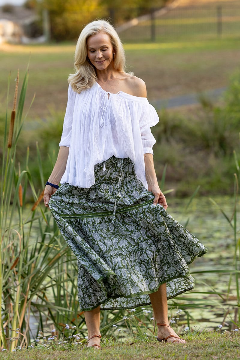 Womens, Ainsley Skirt. 100% cotton, hand block print. Green Floral - Elowen - Heirloom Collection. Dove Blouse - White