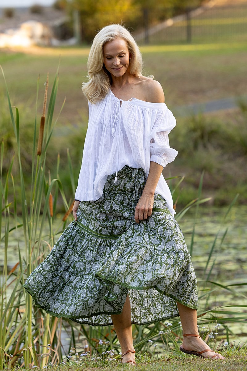 Womens, Ainsley Skirt. 100% cotton, hand block print. Green Floral - Elowen - Heirloom Collection. Dove Blouse - White