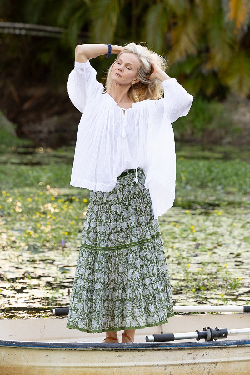 Womens, Ainsley Skirt. 100% cotton, hand block print. Green Floral - Elowen - Heirloom Collection. Dove Blouse - White