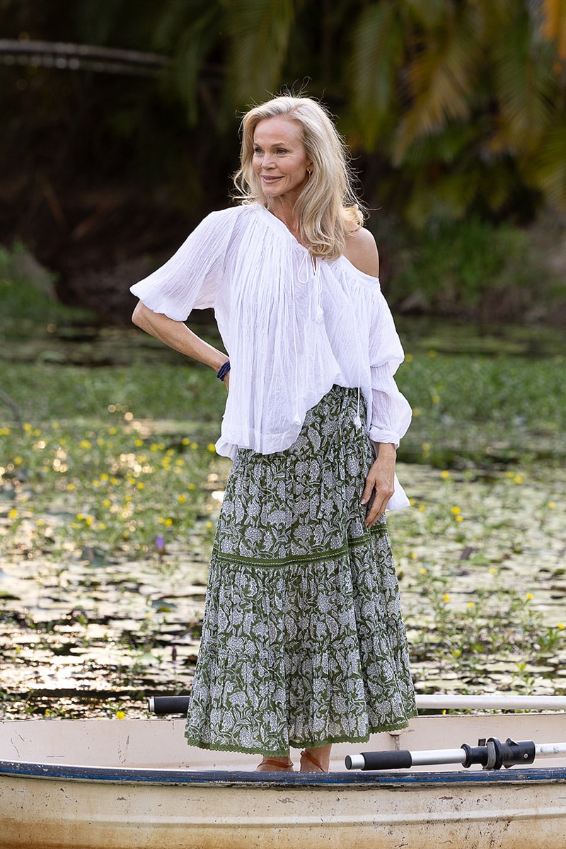 Womens, Ainsley Skirt. 100% cotton, hand block print. Green Floral - Elowen - Heirloom Collection. Dove Blouse - White